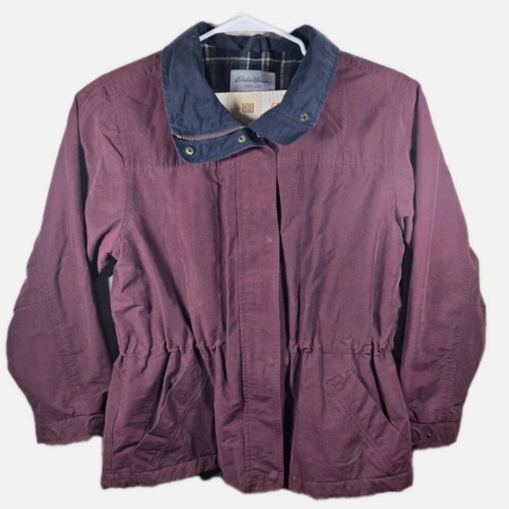Vintage Eddie Bauer Coat Wool Plaid Lined Womens LARGE Red Chore Jacket Workwear